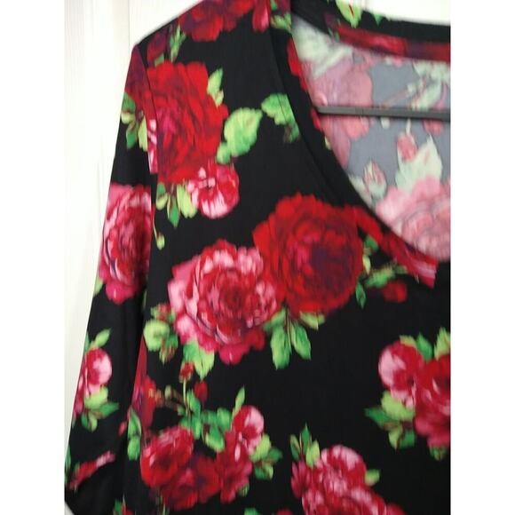 Pioneer Woman M Blouse Black Red Floral V Neck 3/4 Sleeves - Picture 4 of 10